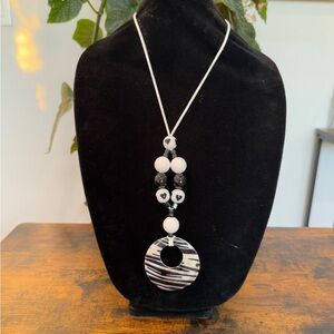 LuckyLu Upcycled Beaded Necklace in Leather Strap Striped Pendant Hearts Black